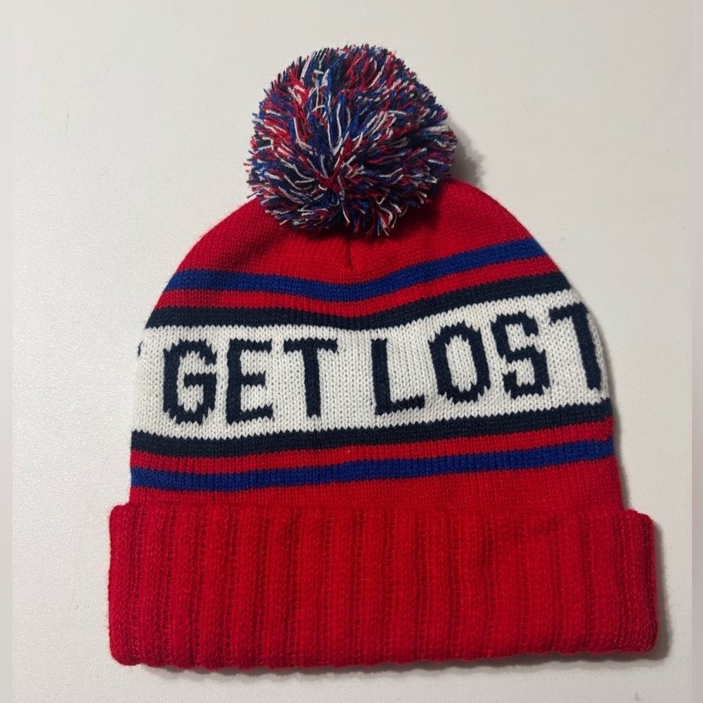 American Eagle Mens Red Get Lost Pom Pom Beanie Winter Ski knit Hat One Size